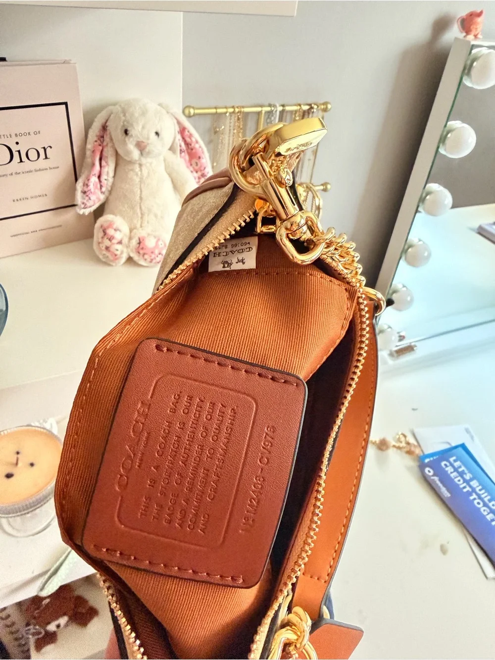 Coach Teri Regular Shoulder Bag in Beige with Tan Trim and Gold Hardware
